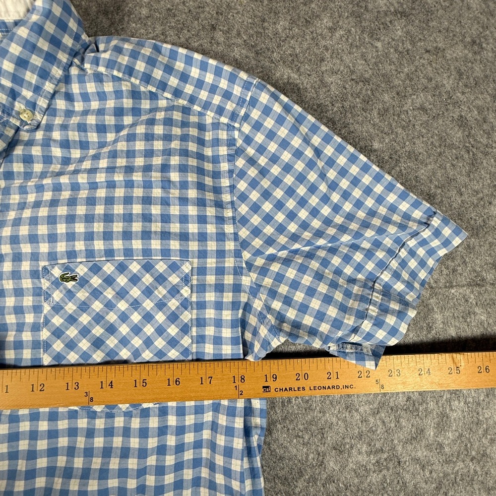 Lacoste Button Shirt Mens 40 Blue Gingham PLaid Slim Fit Short Sleeve Cotton - Picture 6 of 8